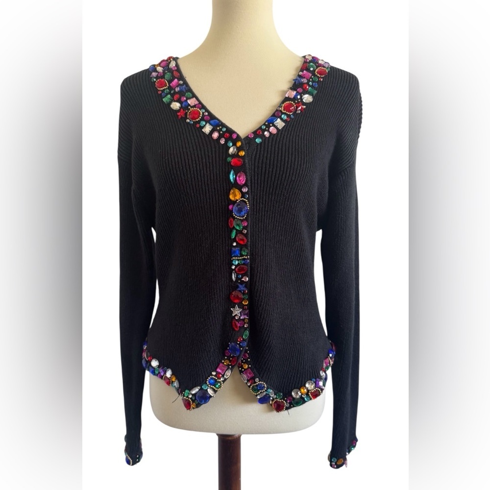 Frederick's of Hollywood Black Cardigan Sweater Jewel Embellishments Size Large